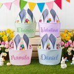 Personalized Cute Peter Rabbit Ears Stripe Easter Basket with Name and Initial Easter Party Favor Eggs Hunting Gift for Kids