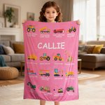 Personalized Work Vehicles Construction Trucks Kids Blanket with Name for Boys Girls Truck Lover Couch Sofa Bed Decor