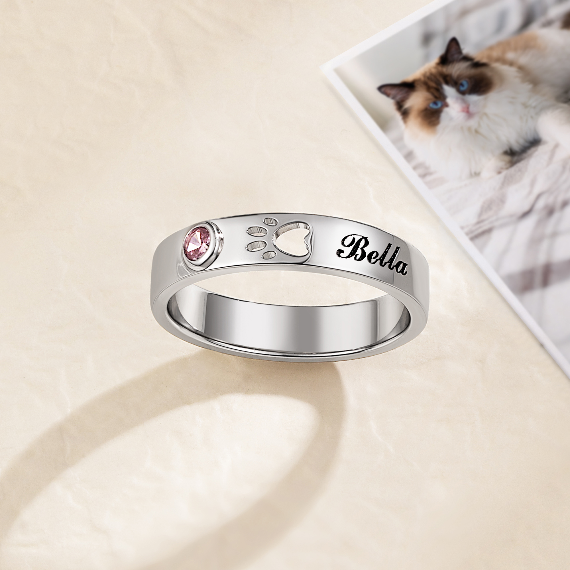 Bague personnalisée en argent sterling avec nom gravé Bijoux commémoratifs Cadeau de sympathie pour les femmes, les chats et les chiens.