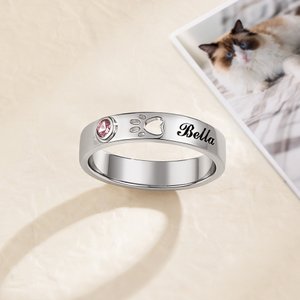 Personalized Paw Print Birthstone Sterling Silver Ring with Engraved Name Memorial Jewelry Pet Loss Sympathy Gift for Women Cat Dog Moms