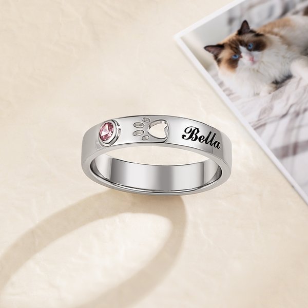 Personalised Paw Print Birthstone Sterling Silver Ring with Engraved Name Memorial Jewellery Pet Loss Sympathy Gift for Women Cat Dog Moms