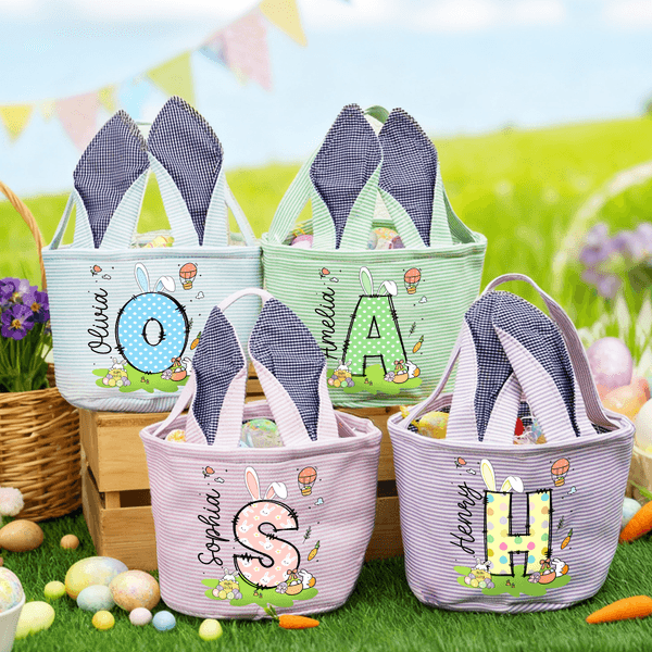 Personalized Cute Bunny Ears Polka Dot Initial Easter Basket with Name Egg Hunt Accessories Easter Party Gift for Boys Girls