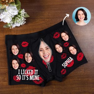 Personalized Funny Face Photo Red Lips Boxer Brief Men's Underwear with Name Valentine's Day Anniversary Gift for Men