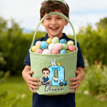 Personalised Cute Cartoon Character Peter Rabbit Initial Plaid Easter Basket with Name Easter Egg Hunt Easter Day Gift for Boys Girls