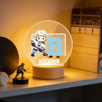 Personalised Cute Cartoon Ice Hockey Player LED Night Light with Name Number and Wooden Base Home Decor Birthday Gift for Hockey Players Lovers