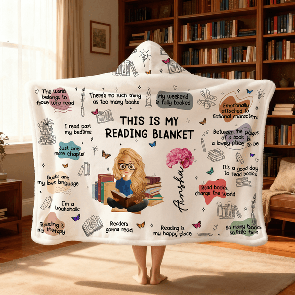 Personalized Birth Flower Cartoon Reading Girl Soft Throw Hooded Blanket with Name Home Birthday Gift for Librarians Book Lovers