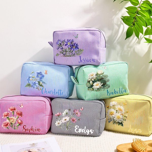 Personalizzata Vintage Birth Flower Multicolore Portable Stripes Makeup Bag con nome Daily Travel Essentials Birthday Gift for Women