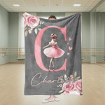 Personalised Rose Cartoon Ballerina Girl  Soft Throw Blanket with Initial and Name Home Decor Dance Team Birthday Gift for Ballet Lovers
