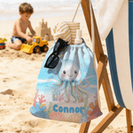 Asciugamano da spiaggia personalizzato con nome e titolo per animali marini, regalo di compleanno essenziale per ragazzi, ragazze e amanti del tema dell'oceano.