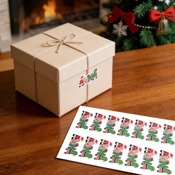 Personalized Christmas Theme Design Waterproof Stickers Labels with Name Christmas Decor Party Favors for Family Friends