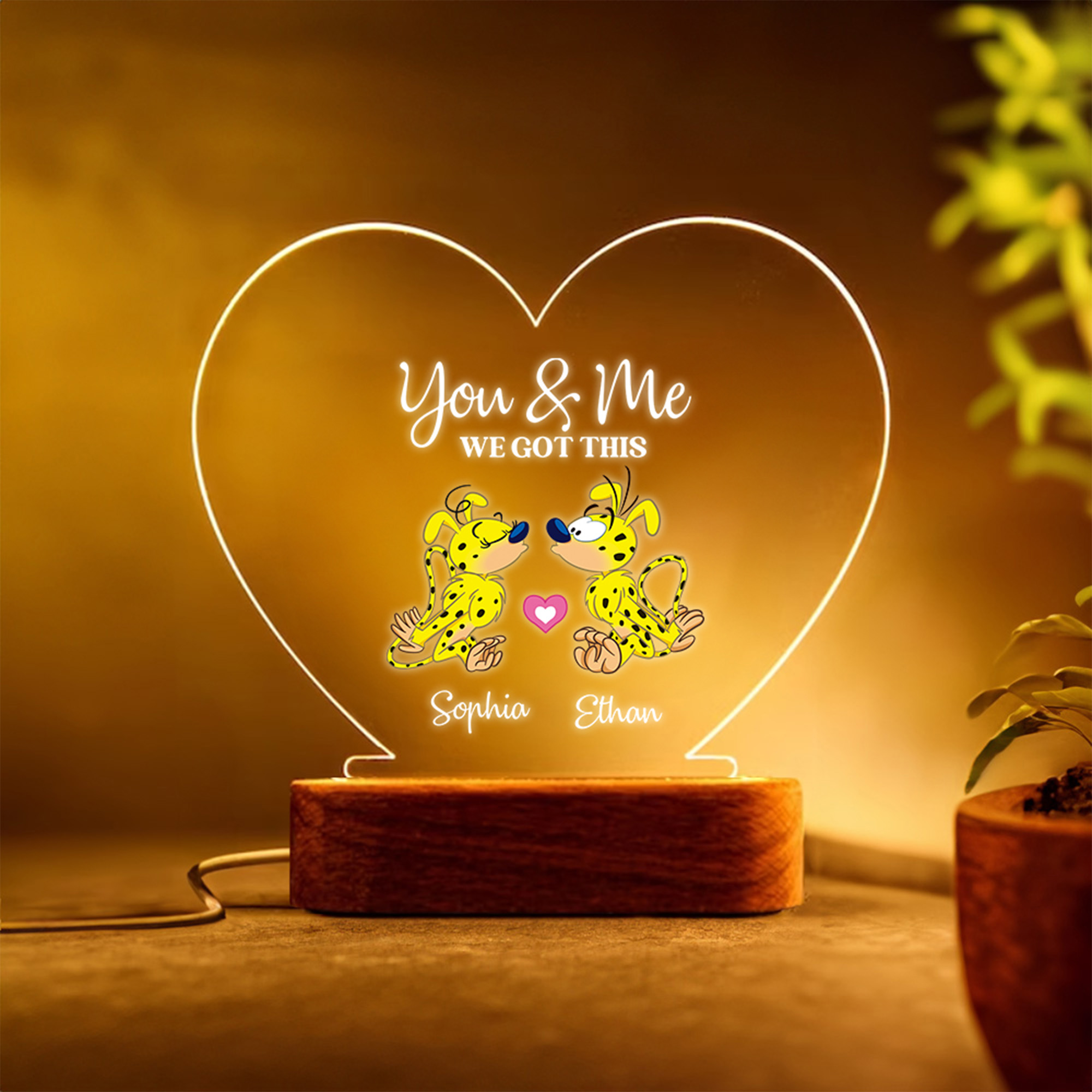 Veilleuse LED en forme de coeur pour Marsupilami à longue queue avec noms Cadeau d'anniversaire pour les amoureux | Callie × Marsupilami®
