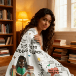 Personalized Birth Flower Cartoon Reading Girl Soft Throw Hooded Blanket with Name Home Birthday Gift for Librarians Book Lovers