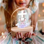 Personalised Cross Initial Star Praying Animal Acrylic LED Night Light with Name and Wooden Base Baptism Birthday Gift for Kids