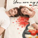 Personalised Love Heart Tree Cute Penguin Couple Tassel Soft Throw Blanket with Name and Date Home Decor Wedding Anniversary Gift for Couple