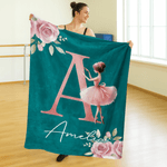 Personalised Rose Cartoon Ballerina Girl  Soft Throw Blanket with Initial and Name Home Decor Dance Team Birthday Gift for Ballet Lovers