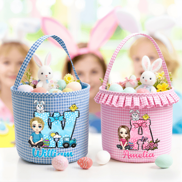 Personalised Cute Cartoon Character Peter Rabbit Initial Plaid Easter Basket with Name Easter Egg Hunt Easter Day Gift for Boys Girls