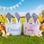 Personalized Cute Peter Rabbit Ears Stripe Easter Basket with Name and Initial Easter Party Favor Eggs Hunting Gift for Kids