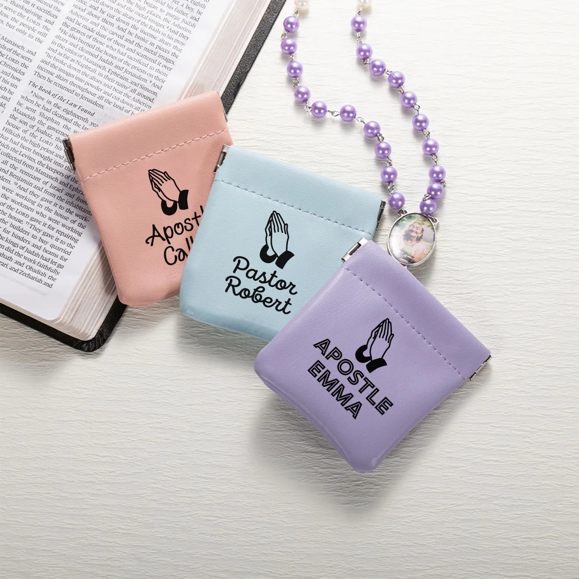 Sac de rangement pour chapelet en cuir PU avec nom Cadeau de communion et de baptême pour les chrétiens