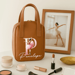 Personalised Ballerina Alphabet Floral Name Portable PU Leather Makeup Bag with Handle Travel Accessories Birthday Gift for Ballet Lovers