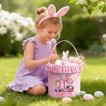 Personalised Cute Cartoon Character Peter Rabbit Initial Plaid Easter Basket with Name Easter Egg Hunt Easter Day Gift for Boys Girls