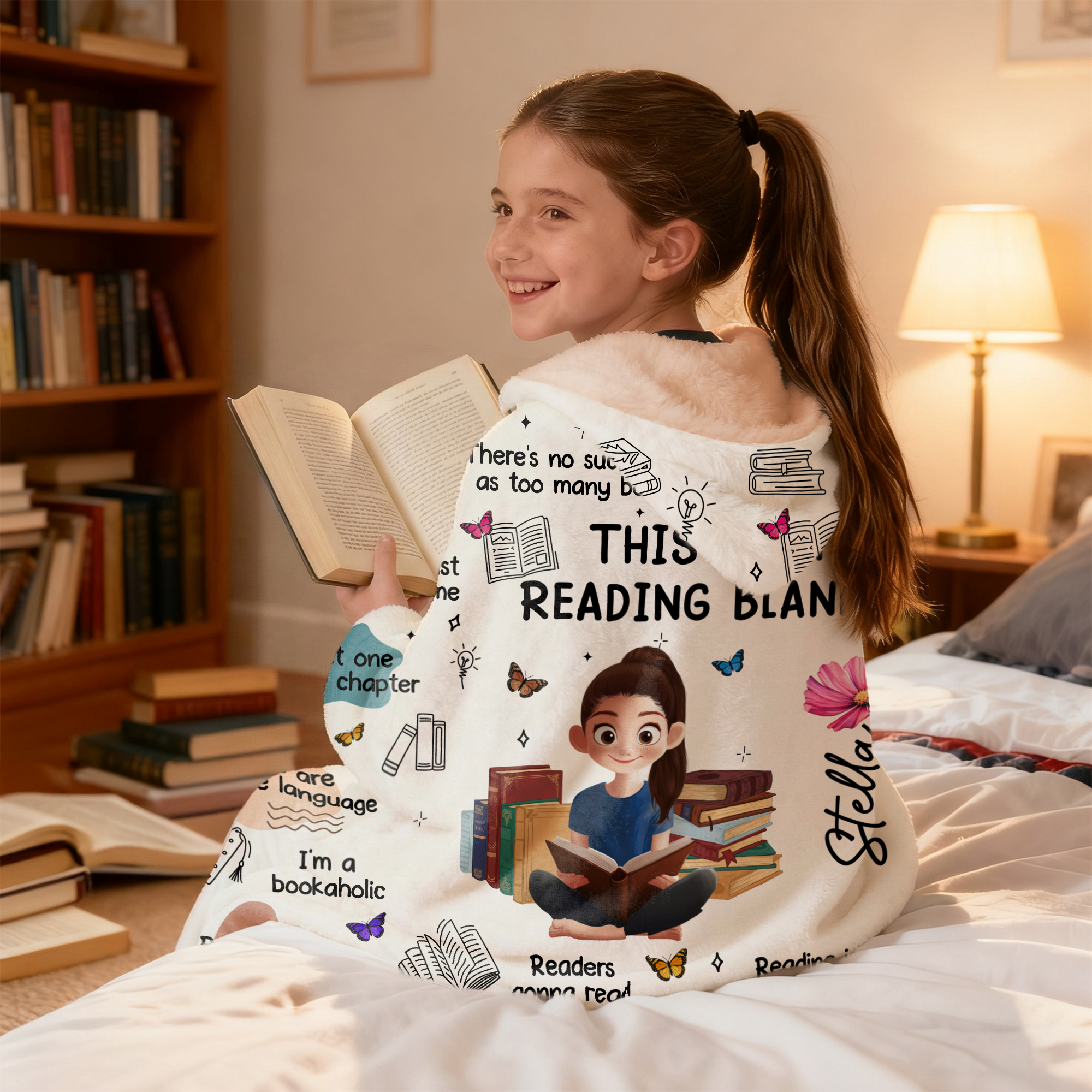 Personalised Birth Flower Cartoon Reading Girl Soft Throw Arctic Velvet ...