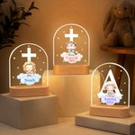 Personalised Cross Initial Star Praying Animal Acrylic LED Night Light with Name and Wooden Base Baptism Birthday Gift for Kids