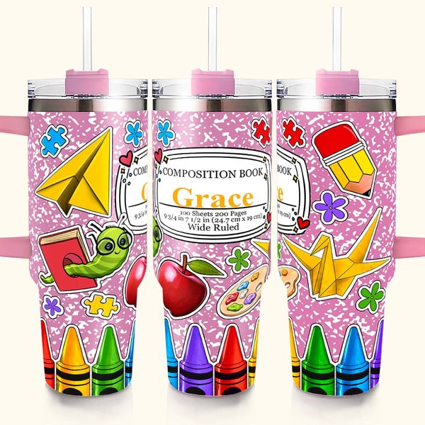 Libro di composizione colorato personalizzato Pastello a mela 40 oz Tumbler isolato con nome e cannuccia Regalo di apprezzamento per la scuola per l'insegnante