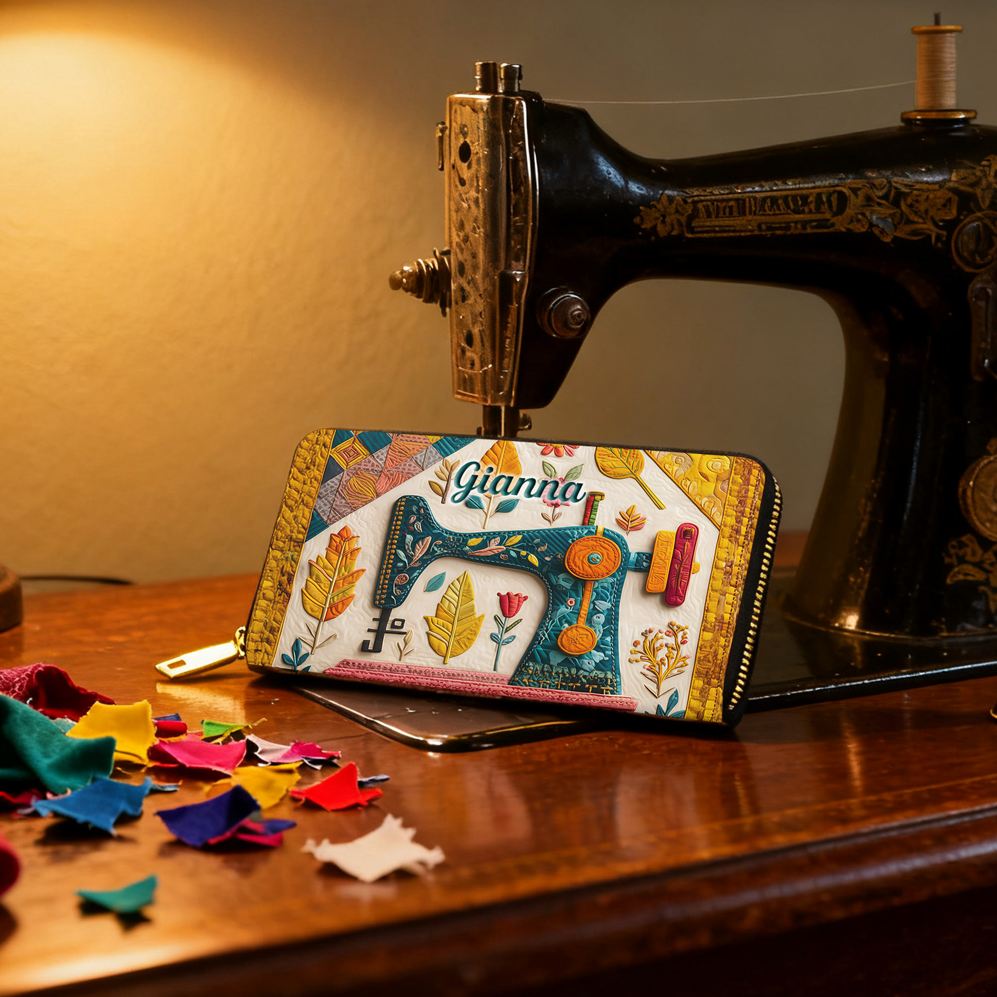 Portefeuille rétro personnalisé pour machine à coudre avec plusieurs compartiments et fermeture à glissière en métal Cadeau d'anniversaire pour les amoureux de la couture