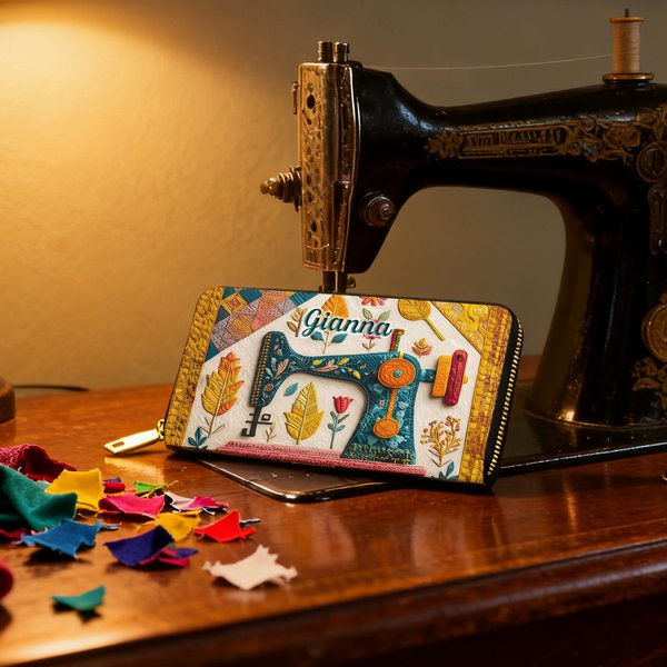 Personalized Retro Sewing Machine Large Name Hand Wallet with Multiple Compartments and Metal Zipper Birthday Anniversary Gift for Sewing Lover