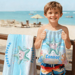 Asciugamano da spiaggia personalizzato con nome e titolo per animali marini, regalo di compleanno essenziale per ragazzi, ragazze e amanti del tema dell'oceano.