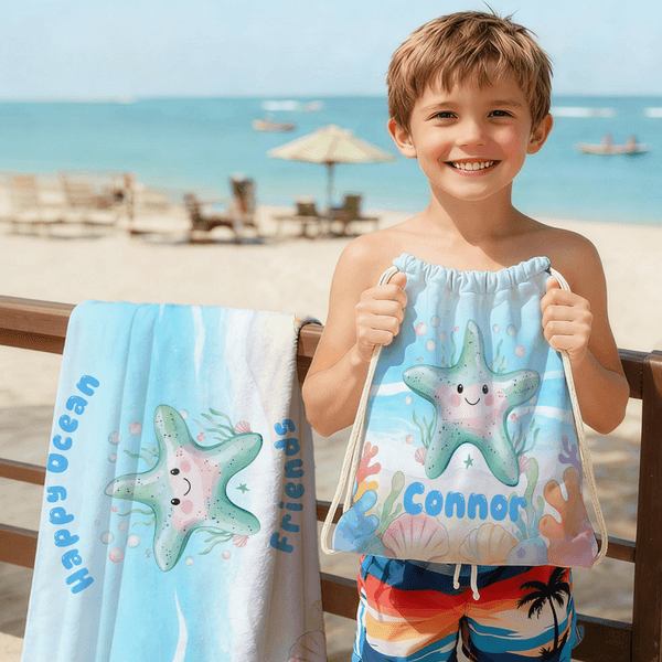Asciugamano da spiaggia personalizzato con nome e titolo per animali marini, regalo di compleanno essenziale per ragazzi, ragazze e amanti del tema dell'oceano.