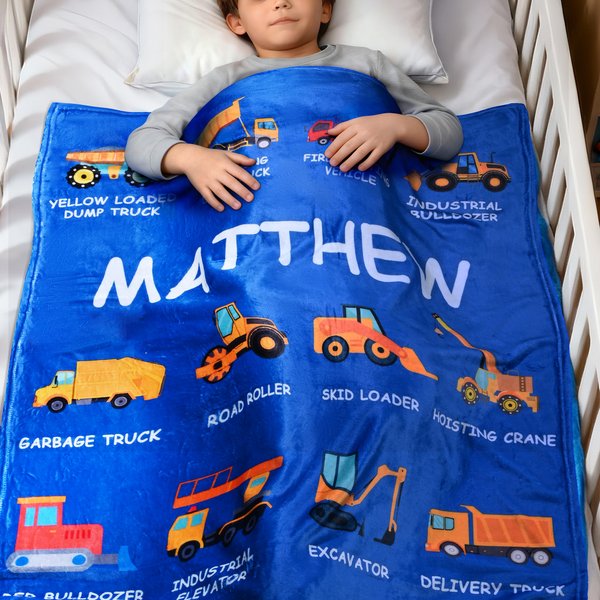 Personalised Construction Lorry Blanket with Name – Soft Anti-Pilling Flannel Toddler Throw Gift for Kids