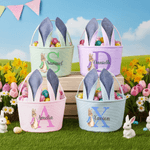 Personalized Cute Peter Rabbit Ears Stripe Easter Basket with Name and Initial Easter Party Favor Eggs Hunting Gift for Kids