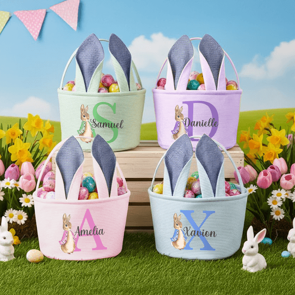 Personalized Cute Peter Rabbit Ears Stripe Easter Basket with Name and Initial Easter Party Favor Eggs Hunting Gift for Kids