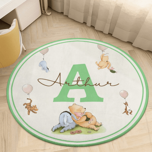 Personalized Classic Winnie the Pooh Initial Round Anti-Slip Coral Fleece Doormat Rug with Name Nursery Decor Baby Shower  Birthday Gift for Kids