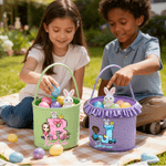 Personalised Cute Cartoon Character Peter Rabbit Initial Plaid Easter Basket with Name Easter Egg Hunt Easter Day Gift for Boys Girls