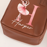 Personalised Ballerina Alphabet Floral Name Portable PU Leather Makeup Bag with Handle Travel Accessories Birthday Gift for Ballet Lovers