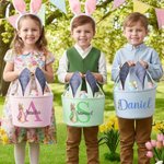 Personalized Cute Peter Rabbit Ears Stripe Easter Basket with Name and Initial Easter Party Favor Eggs Hunting Gift for Kids