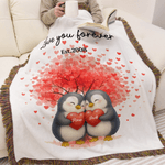 Personalised Love Heart Tree Cute Penguin Couple Tassel Soft Throw Blanket with Name and Date Home Decor Wedding Anniversary Gift for Couple