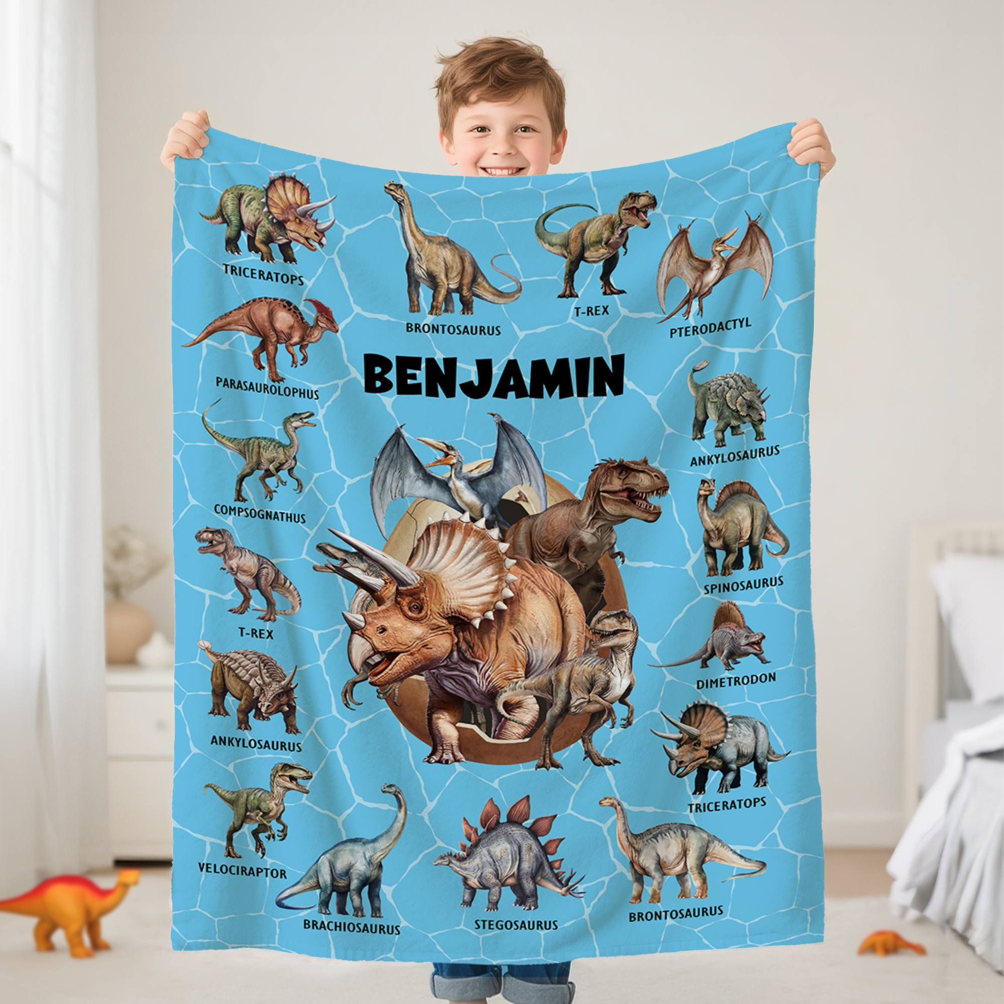 Couverture douce multicolore personnalisée avec nom et motif à thème dinosaure - Cadeau d'anniversaire pour enfants et amateurs de dinosaures