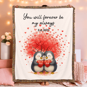 Personalised Love Heart Tree Cute Penguin Couple Tassel Soft Throw Blanket with Name and Date Home Decor Wedding Anniversary Gift for Couple
