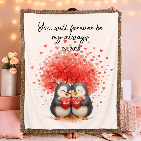 Personalized Love Heart Tree Cute Penguin Couple Tassel Soft Throw Blanket with Name and Date Home Decor Wedding Anniversary Gift for Couple