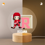 Personalised Cute Cartoon Ice Hockey Player LED Night Light with Name Number and Wooden Base Home Decor Birthday Gift for Hockey Players Lovers