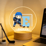 Personalised Cute Cartoon Ice Hockey Player LED Night Light with Name Number and Wooden Base Home Decor Birthday Gift for Hockey Players Lovers