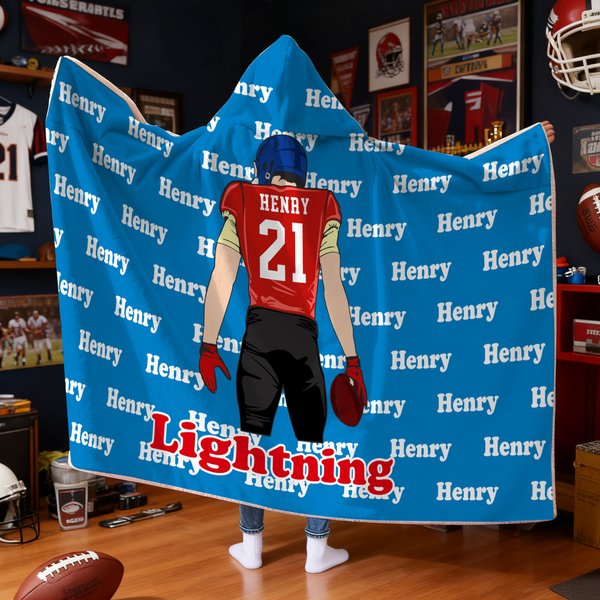Personalized Cartoon Football Character Soft Hooded Blanket with Name and Number Home Decor Birthday Match Day Gift for Football Sports Lovers