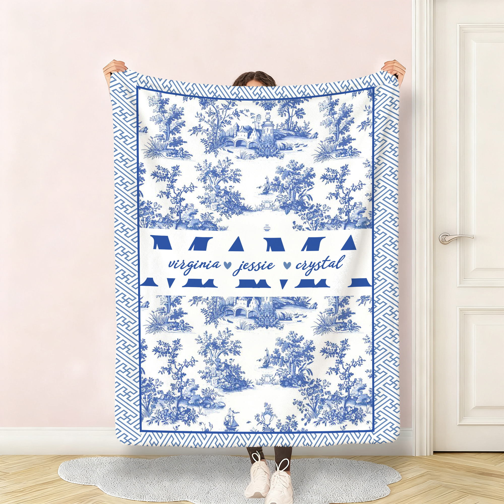 Toile de Jouy Personnalisée Style Mama Nana Multicolore Couverture Douce avec Nom Décoration Maison Anniversaire Cadeau pour Maman Grand-Mère