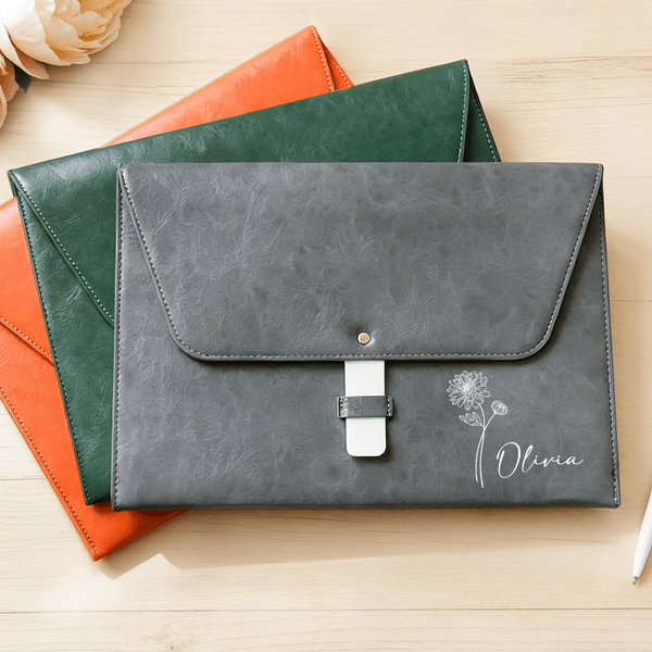 Personalized Birth Flower PU Leather A4 File Folder with Name Business Trip Office Birthday Gift for Office Workers