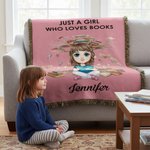 Personalised Cartoon Reading Character Soft Tassel Blanket with Name Home Decor Book Club Birthday Gift for Book Lovers
