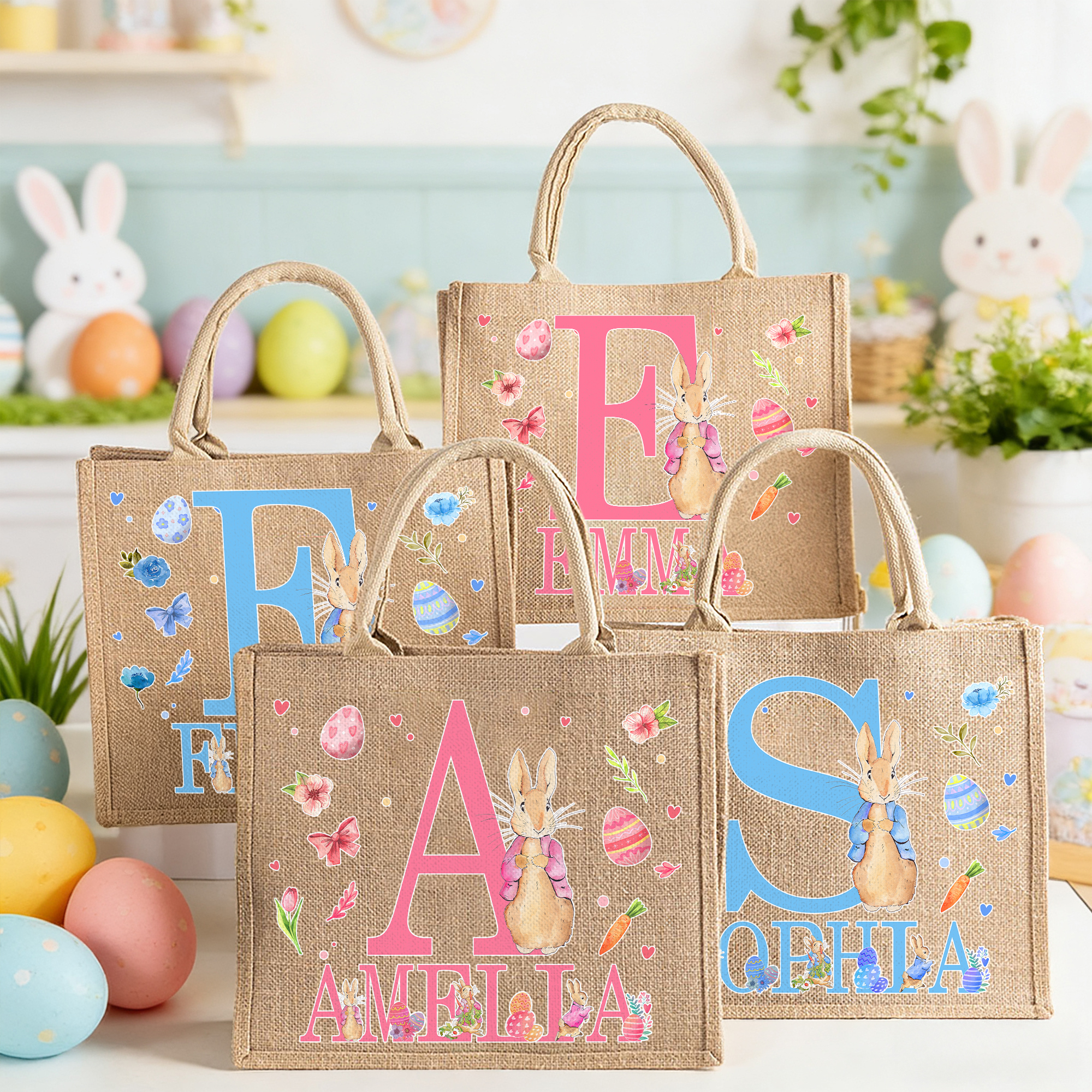 Grand sac en toile de jute avec nom Cadeau de Pâques pour les enfants