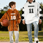 Personalised Sports Theme Oversized Flannel Hoodie with Name and Number Daily Wear Birthday Gift for Family Friends Kids